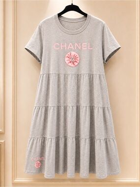 Grey Tiered Logo Dress with Pink Accents